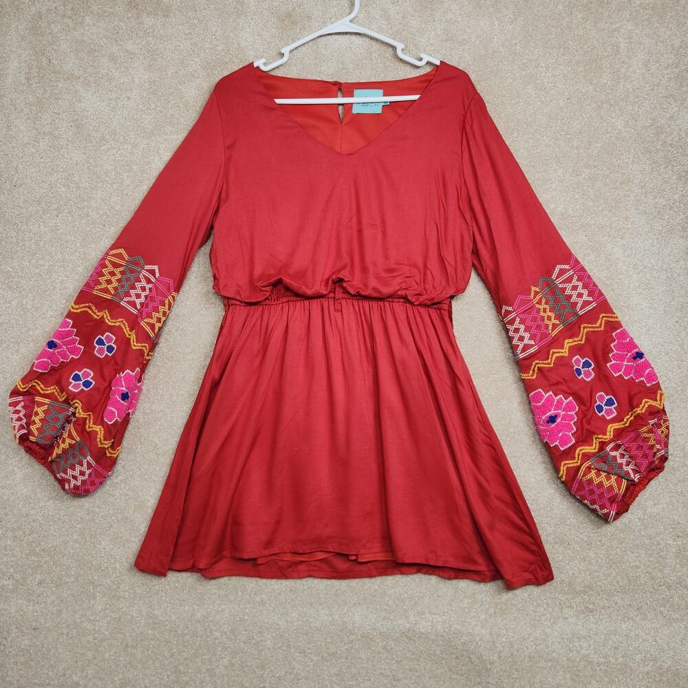 Judith March Red Floral V-Neck Long Sleeve Gypsy Embroidered Mini Dress Medium